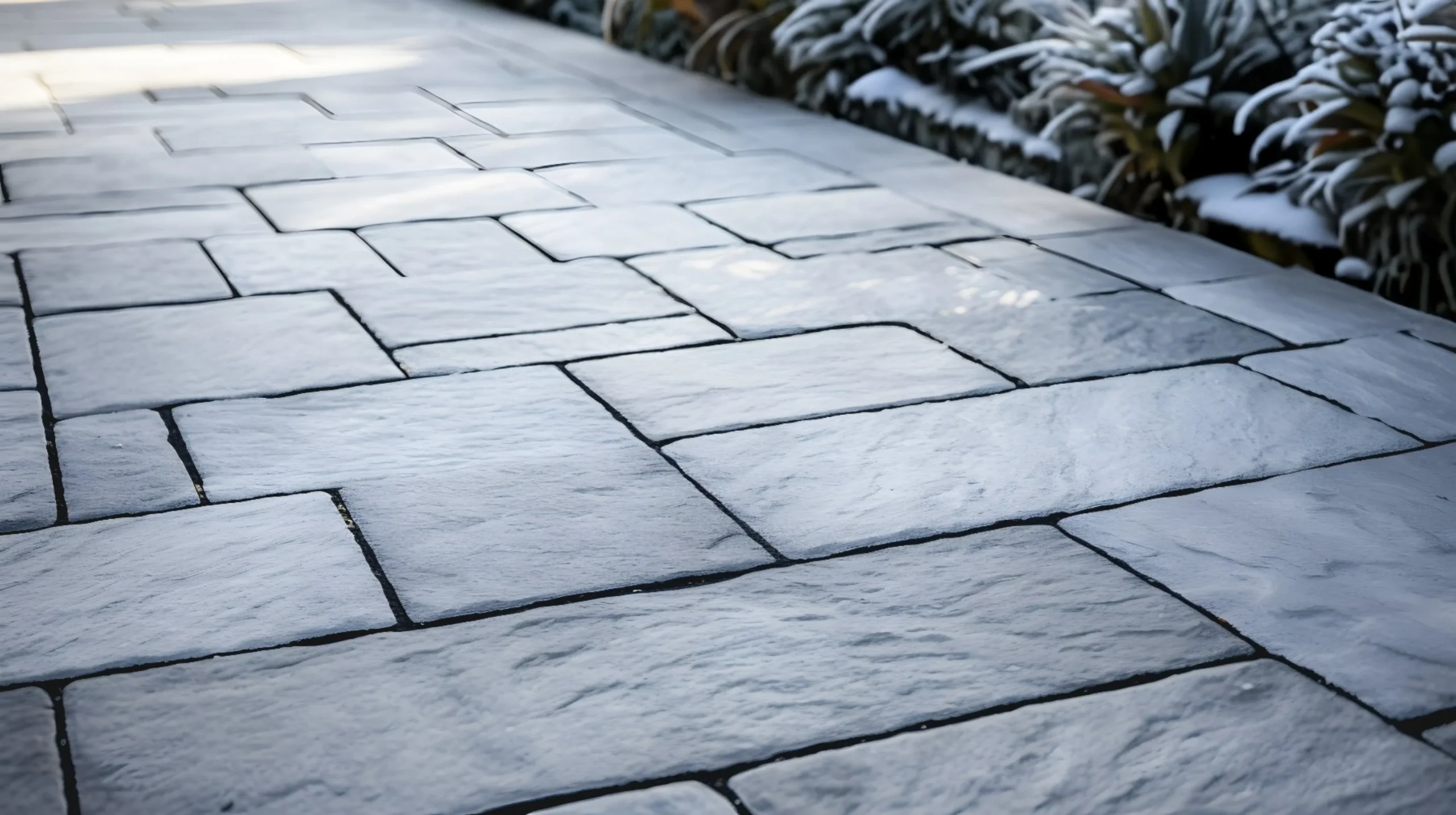 Grey heated paver driveway closeup with garden