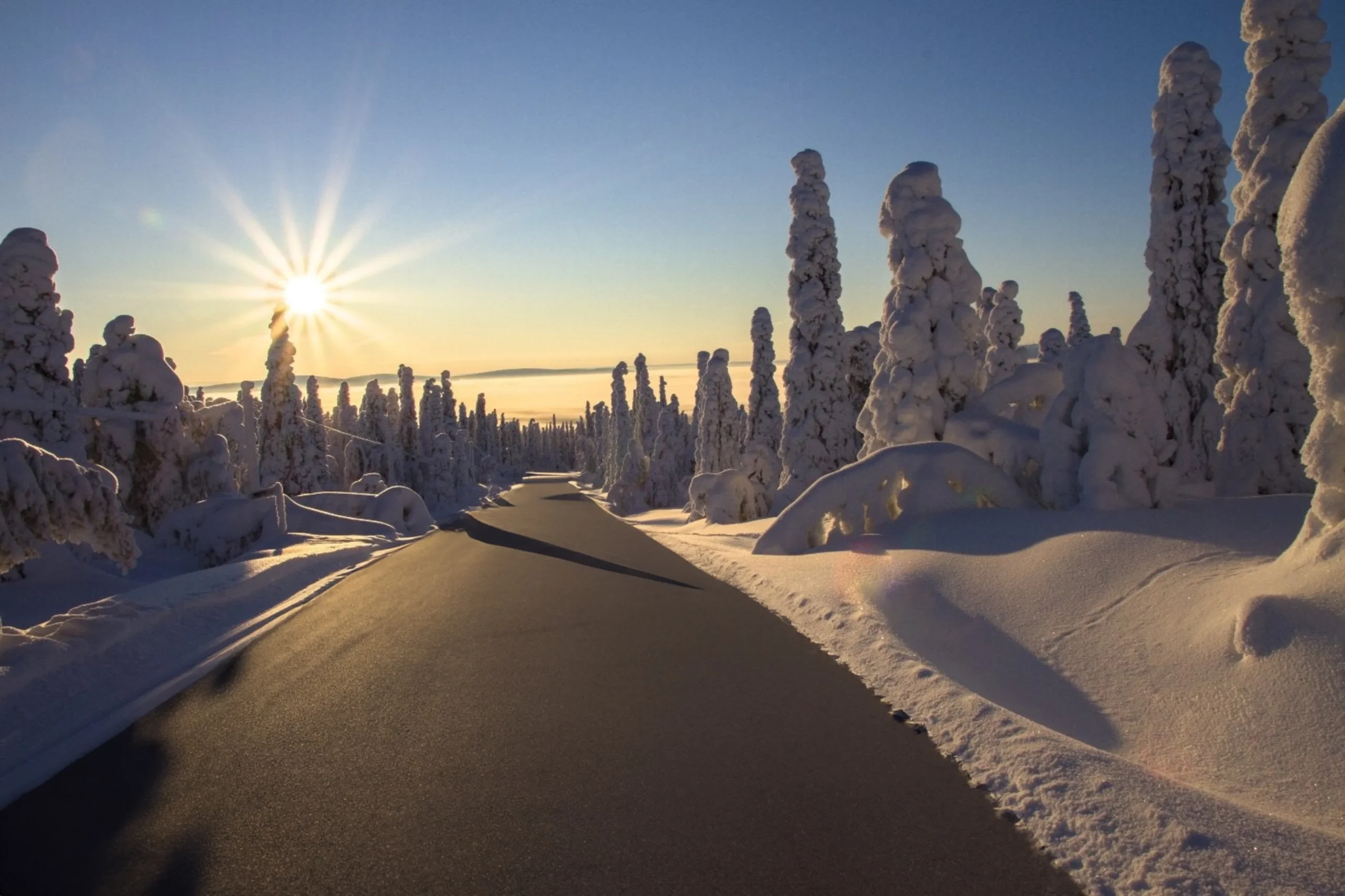 Heated road on a sunny winter day