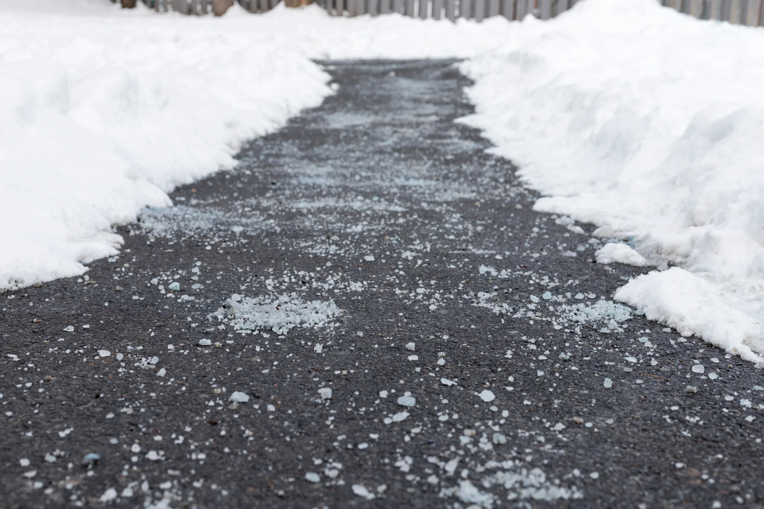 Walkway covered in snow salt