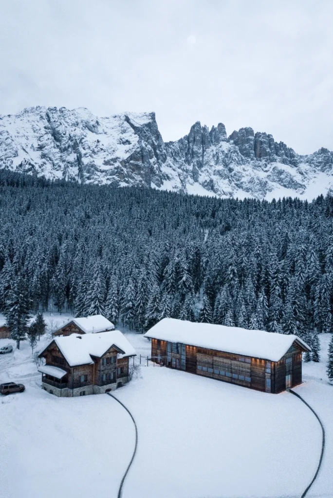 Winter cabins with long heated walkways