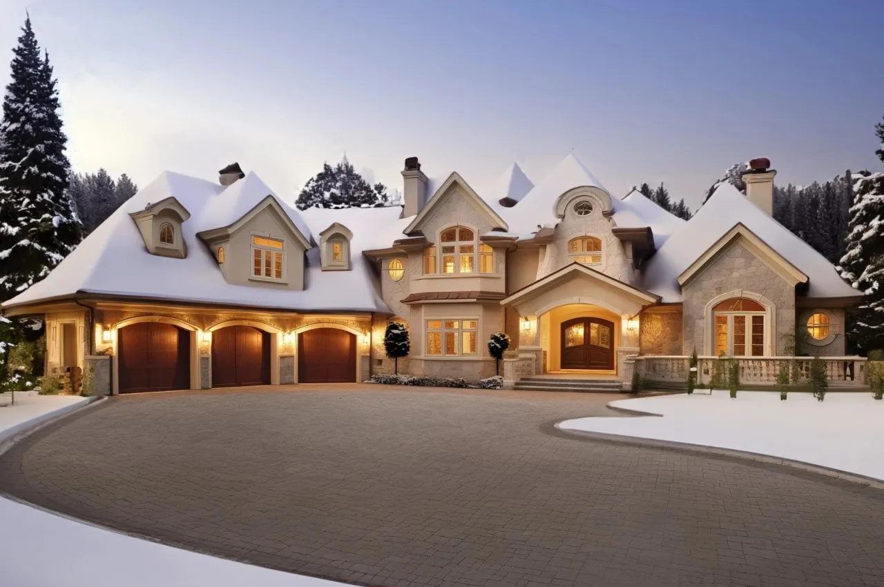 Heated driveway infront of a modern brown mansion